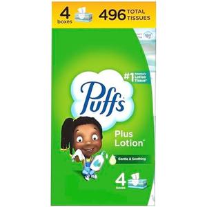 Puffs Plus Lotion Facial Tissues, 4 Family Boxes, 124 tissues per Box, Allergies and Colds