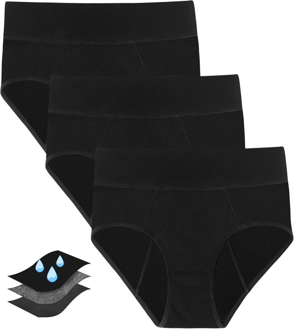 Period Underwear For Women, Leak-Proof 2.0, Heavy Flow, High Waisted, Postpartum, Menstrual Briefs, 3 Pack (Large, Black)