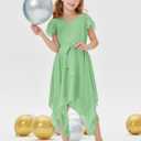 Galawaqe Kids Chiffon Cute A-Line Short Dress with Asymmetrical Layered Ruffled Bow Tie Teen Girl Bridesmaid Dress Green (Green)