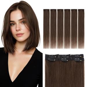 Elailite Short Clip in Hair Extensions Real Human Hair 6PCS Lace Weft Remy Hairpieces for Women Adding Volume 12 Inch Dark Brown
