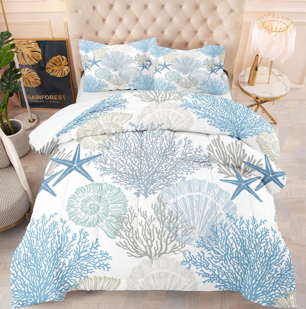 Summer Coastal Comforter Set Beach Blue Shells Printed Pattern Quilt Bedding Set with 2 Pillow Case for Bedroom Dormroom All Season Queen 104x90inches