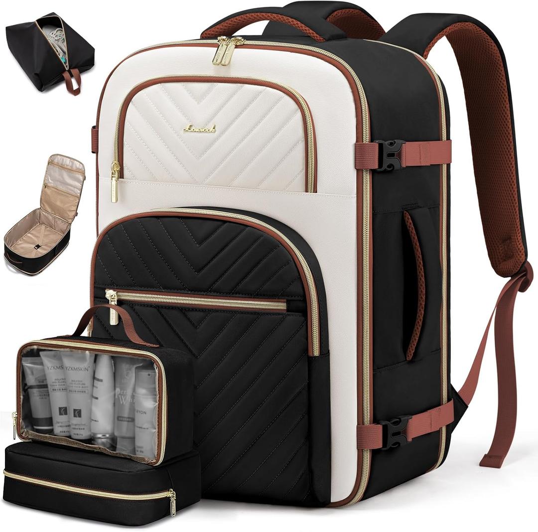 LOVEVOOK Travel Backpack Carry on Flight Approved 50L,Waterproof TSA Travel Essentials Personal Item Backpack for Women Men,Large Carry on Luggage Suitcase Travel Bag for Airplane with 3 Packing Cubes (Black - Off-white)