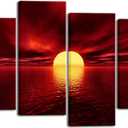 Wieco Art Large4 Piece Canvas Prints Wall Art Red Sea Pictures Sun Paintings Ready to Hang Modern Stretched Seascape Ocean Beach Artwork for Living Room Bedroom Home Decorations, 16x32inchx2pcs, 16x40inchx2pcs