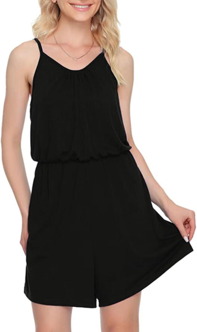 Women's Summer Sleeveless Shoulder Strap Adjustable Short Jumpsuits Loose Romper with Pockets (Black, M)