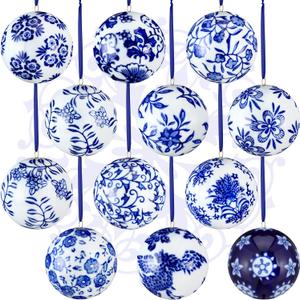 30 Pcs Chinoiserie Porcelain Ornaments for Christmas Tree White and Blue Porcelain Balls Ornaments 2.4 Inches Ceramic Hanging Balls Xmas Orbs with Ribbon for Home Decorations