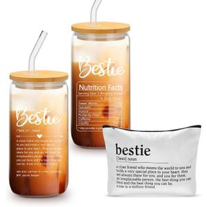 Tioncy 2 Pcs Bestie Birthday Gifts for Women BFF Friendship Gift Set Makeup Bag 17 oz Bestie Glass Cup with Lid and Straw for Women Sister