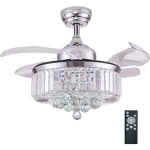 DuMaiWay 48" Chandelier Ceiling Fan with Lights, Fandelier, Retractable Crystal Ceiling Fan Chandelier with Remote Control LED Light for Bedroom Living Room Polished Chrome Silver 6 Speed 3 Light