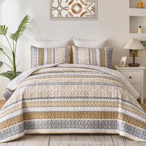 WONGS BEDDING Boho Quilt Set Queen Size, Brown Bohemian 3 Pieces Fall Quilt Sets, Lightweight Bedspread Coverlet Bedding Set for All Season (96"x90")