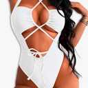 Cutout One Piece Swimsuit,Plunge High Cut Thong Sexy Monokini Bodysuit,Rave Outfit for Women Festival Pool Party, S