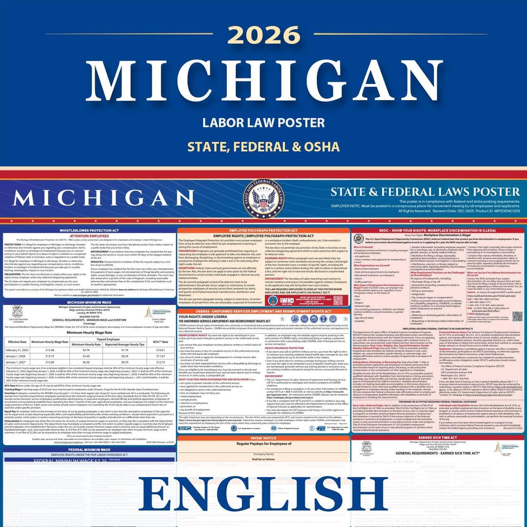 Michigan Labor Law Poster State, Federal, OSHA Compliant, 2026 All-in-One 24x36 inch UV Waterproof Laminated (English)