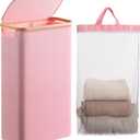 Famyards Laundry Hamper with Lid, 60L Slim Laundry Basket with Bamboo Handles and Removable Inner Bag, Collapsible Dirty Clothes Hamper Laundry Bin for Bathroom, Bedroom, Dorm Laundry Room (Pink)