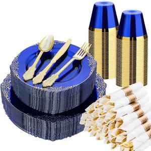 Bestluck 350 PCS Blue and Gold Plastic Plates, Disposable Dinnerware Set for 50 Guests, 100 Disposable Plates, 150 Silverwares, 50 Cups, 50 Napkins for Wedding, Party, Graduation