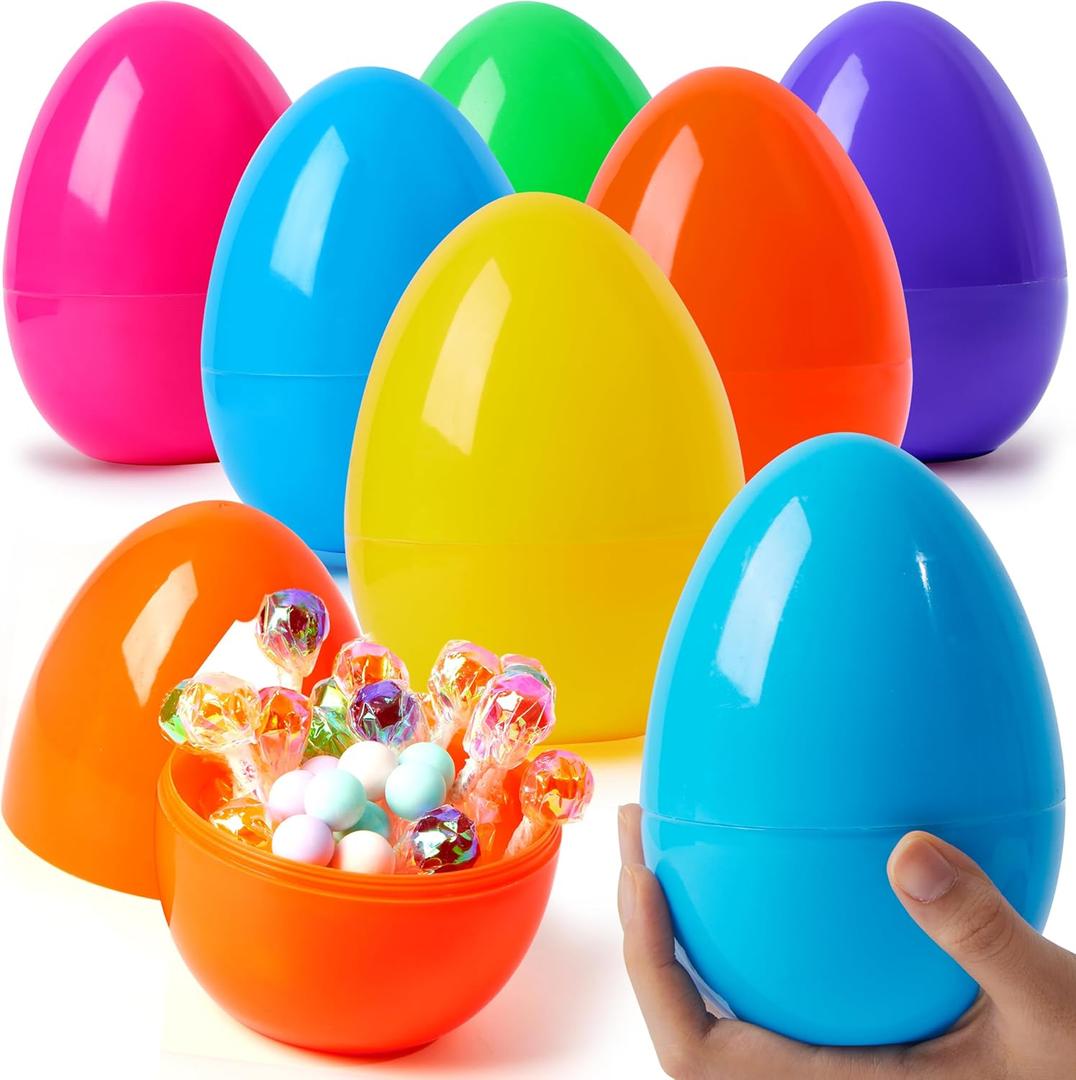 JOYIN 6 Pcs Large Plastic Easter Eggs, 6 Inches Colorful Jumbo Eggs Fillable for Easter Themed Hunt Basket Stuffers Fillers Filling Treats Party Favor Classroom Prize Supplies