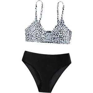 SHENHE Girl's 2 Piece O Ring Bikini High Waisted Spaghetti Strap Cute Swimsuit Bathing Suit (Black and White) 12-13Y