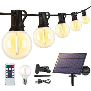 Larkvue 25FT Solar String Lights Outdoor with Remote, Waterproof Dimmable 3 Modes Patio Lights with 10+1 LED Shatterproof G40 Bulbs for Backyard-Black