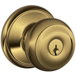 SCHLAGE F51A GEO 609 Georgian Knob Keyed Entry Lock, Antique Brass