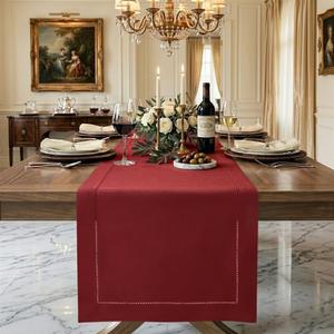 D'Moksha Homes Linen Table Runner 14 x 90 Inch - 100% Pure Linen Classic Hemstitch Red Table Runner - Machine Washable Farmhouse Table Runner for Christmas Decor, New Year