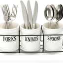 Bekith 3-Piece White Ceramic Silverware Caddy with Black Metal Rack, Utensil Holder Flatware Caddy Cutlery Storage Organizer for Kitchen Table, Cabinet or Pantry