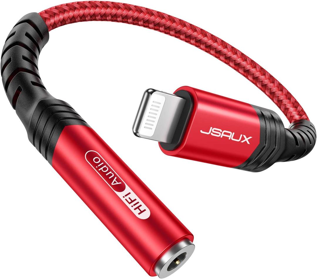 JSAUX Headphone Adapter for iPhone Lightning to 3.5mm Adapter [Apple MFi Certified] Compatible with iPhone 14 Pro Max/14 Plus/13 12 11 Pro Max/SE/XS-Red