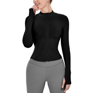 Locachy Women's Lightweight Stretchy Workout Full Zip Running Track Jacket with Thumb Holes (X-Large, Black)