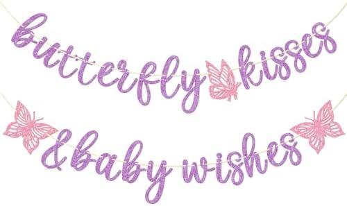Butterfly Kisses and Baby Wishes Banner, Butterfly Themed Baby Shower Decorations for Girl, Pre-assembled (Purple)