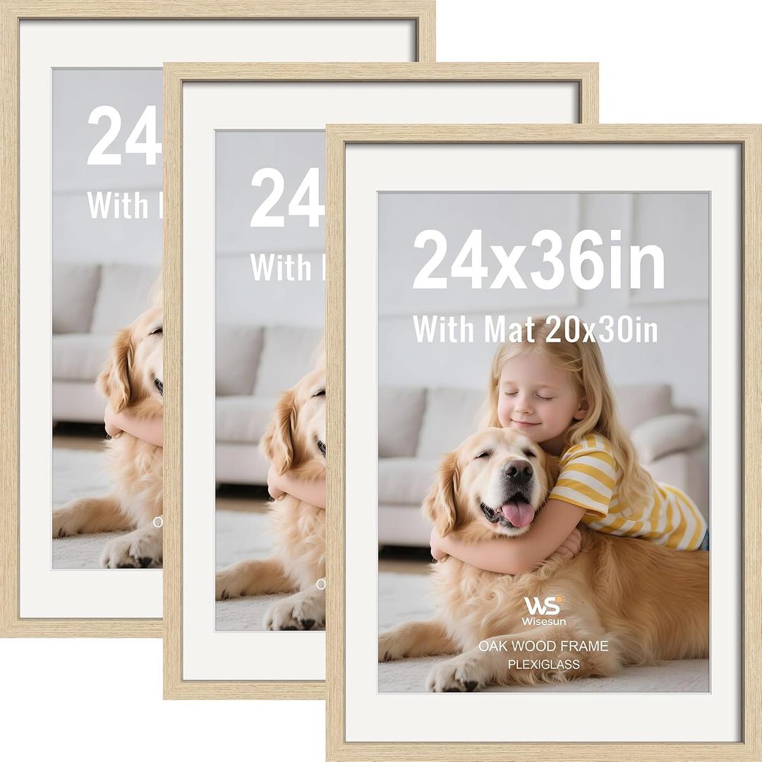 24x36 Poster Frame 3 Pack, Oak Wood with Plexiglass, 20x30 Mat
