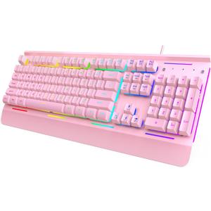 TECKNET Gaming Keyboard, USB Wired Computer Keyboard, 15-Zone RGB Illumination, IP32 Water Resistance, 25 Anti-ghosting Keys, All-Metal Panel (Whisper Quiet Gaming Switch) Pink