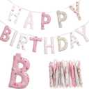 Pre-strung Happy Birthday Banner Sign Reusable Felt Happy Birthday Garland Hanging Decorations Party Bunting Garland for Party Decor Photo Prop Home Backdrop(Floral)