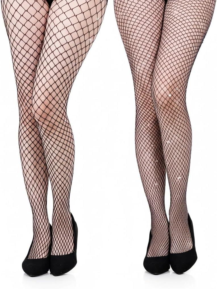 hoyuwak 2 pairs of Sparkly Tights for Women - Glitter Fishnet Stockings with Rhinestones, High Waist Shimmer Mesh Tights for Party, Halloween, Dance (Large & Middle Mesh)