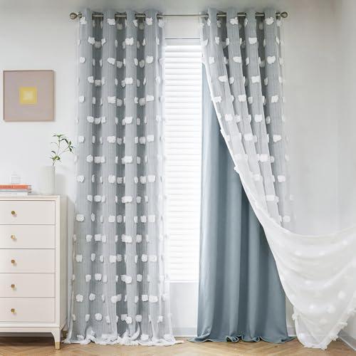 MYSKY HOME 72 Inches Long Curtains for Bedroom Dusty Blue Blackout Curtains Pom Pom White Sheer Curtains for Boys Room Double Layer Toddler Bedroom Grommet Room Darkening Window Panels 52 x 72 Inch