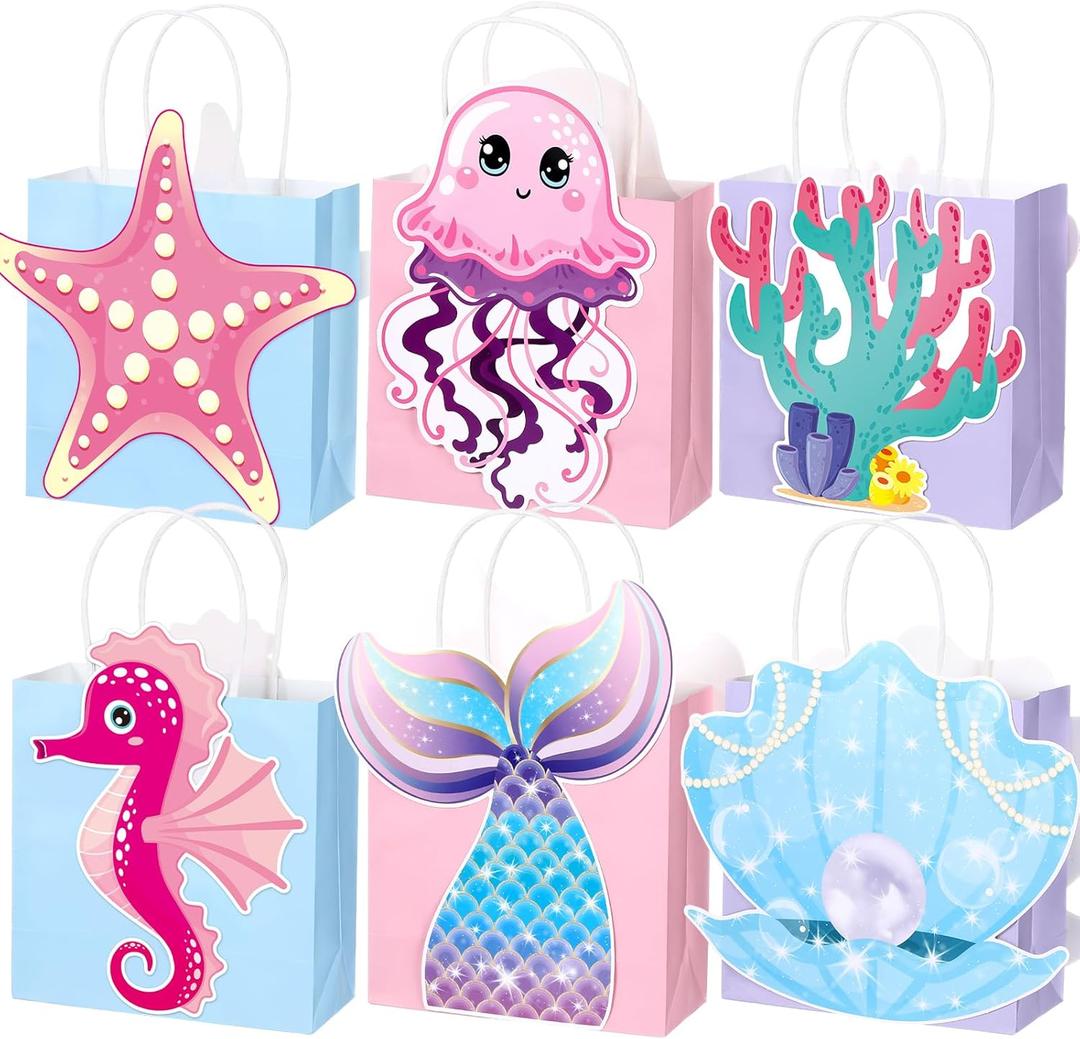 MotiMind 24 Pcs Mermaid Birthday Party Favor Bags Mermaid Tail Gift Bags with Handles Sea Goodie Treat Boxes for Princess Baby Shower Party Supplies