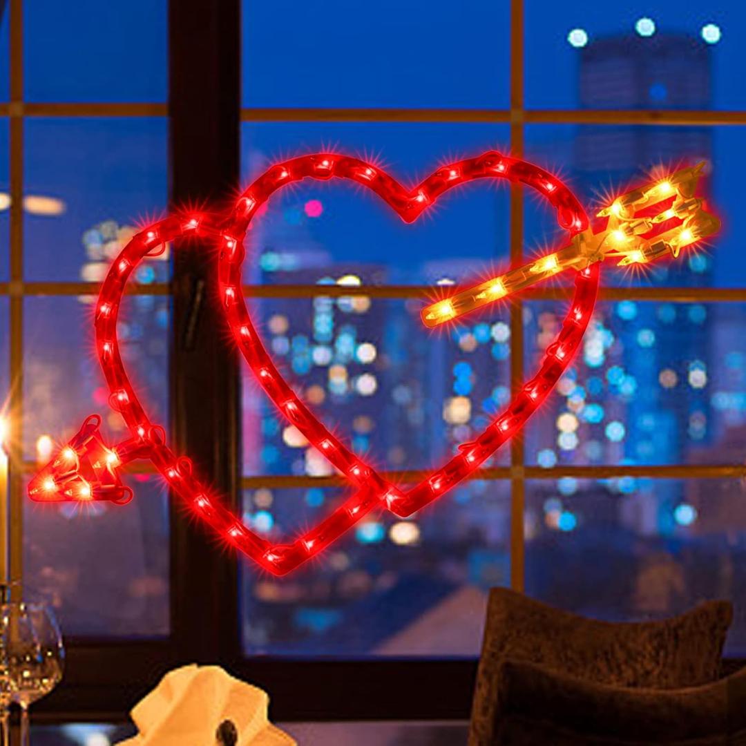 LAMPHOME 50L 19" Lighted Red Double Heart with Arrow Valentine's Day Window Silhouette Decoration