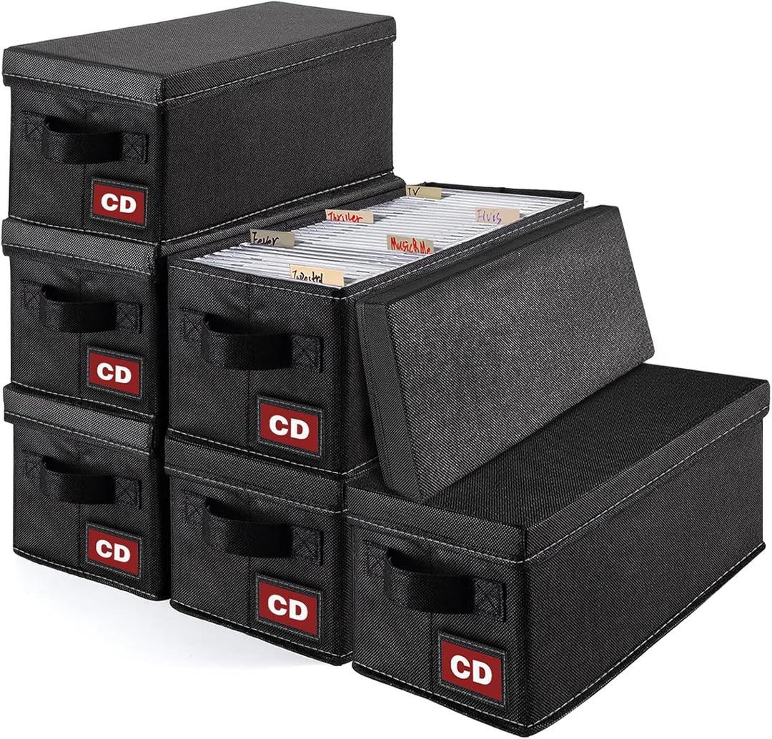 CD Storage Boxes, 6P CD Storage Cases with Lid,Collapsible CD Organizer Holds 204 CD Cases (34 Each), Also Perfect Fabric Boxes for Toys, Socks, Cards