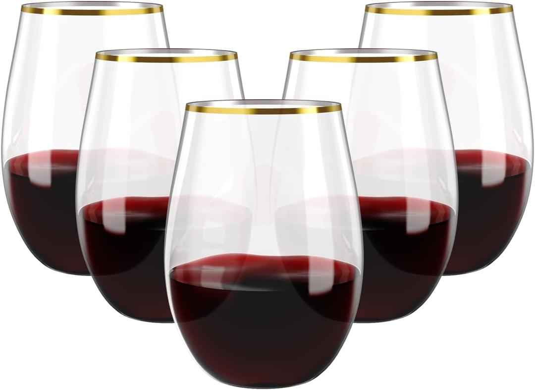 FOCUSLINE 20pcs 16 Oz Plastic Wine Glasses, Stemless Gold Rim, Heavy Duty Disposable Drinking Cups, Reusable Shatterproof for Party & Wedding (16OZ-20-Gold Rim)