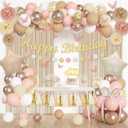 Ouddy Life Birthday Decorations for Women Girls, Neutral Foil Star Balloons Happy Birthday Circle Dots Banner Fringe Curtains Cake Topper Butterfly Paper Pompoms for Baby Shower Party Supplies