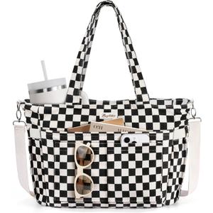 Bagstellar Corduroy Tote Bag for Women, 17 Pockets Laptop Work Tote Bag Lightweight Teacher Nurse Bible Bag for School Travel | with 40oz Cup Holder, Multi Compartment, Zipper Crossbody Bag, College Shoulder Bag, Daily Purse w/ Strap, Ideal Gift for Women (Black Checkered)