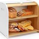 Bread Box for Kitchen Countertop, Double Layer Bamboo Bread Storage Container for Homemade Bread, Roll Top Bread Box with 3 Adjustable Height for Kitchen Counter, White Breadbox Organizer