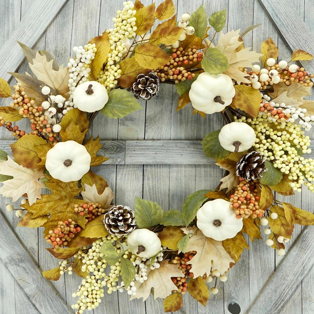 22 Artificial Fall Wreath Autumn Door Wreath with Pumpkin,Maple Leaf,Ivy Leaf,Colorful Berry for Front Door Farmhouse Thanksgiving Indoor Outdoor Porch Window Wall Door Decoration