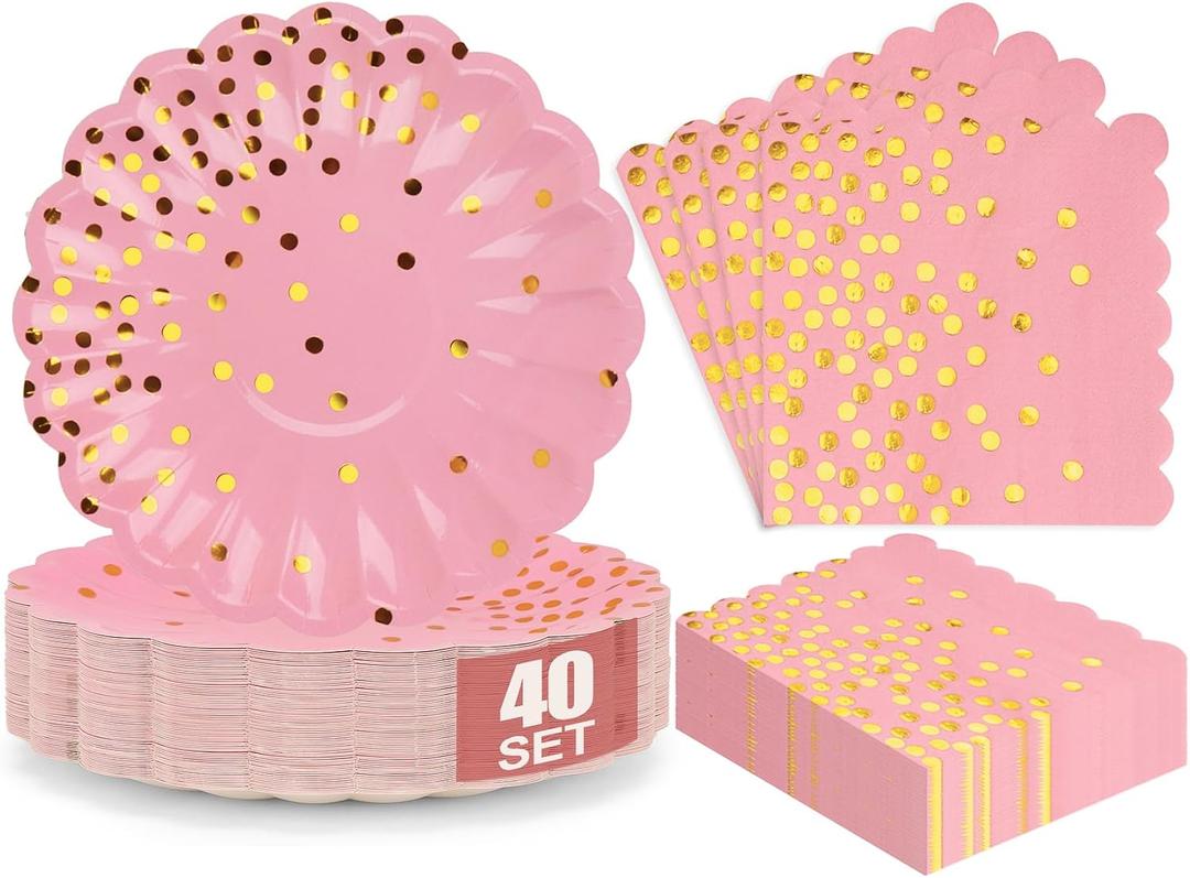 80PCS Pink and Gold Paper Plates Napkins Party Supplies,7 Inch Gold Dot Dessert Plate & 6.5 Inch Napkin,Disposable Tableware Set for Weddings, Birthday,Anniversaries,Graduation,40 Guests