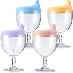 4 Pcs Baby Wine Sippy Cup Goblet Plastic Wine Glass Sippy Cup Beverage Mug Milk Bottles with Lid Baby Stemware for Toddlers Kids Birthday Christmas Party Celebration, Blue, Pink, Yellow, Purple
