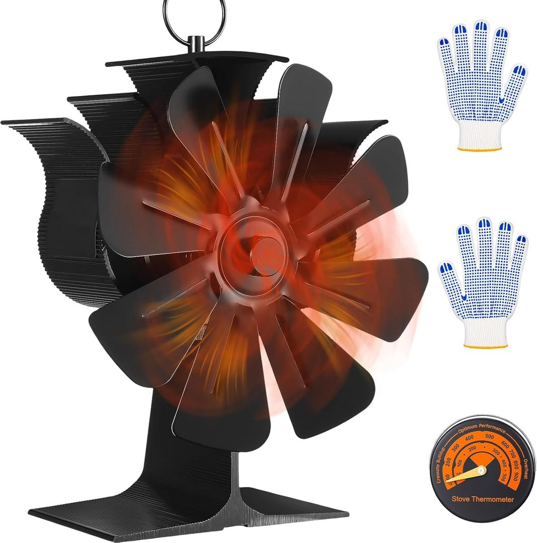 Cinnvoice 8 Blade Wood Stove Fan Heat Powered Non Electric for Air Circulation Thermoelectric Fan with Magnetic Thermometer and Gloves Fireplace Accessories