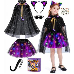 Black Cat Costume and Cape for Girls, 7 Pcs LED Light Up Kids Cat Halloween Costume for Girl Ages 3 4 5 6 7 8 (Purple) One Size