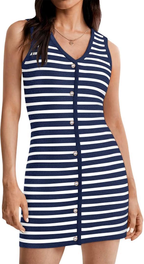 UEU Women's Summer Striped Sleeveless Sweater Mini Dress V Neck Elegant Bodycon Knit Dress Button Work Short Dresses (X-Large)