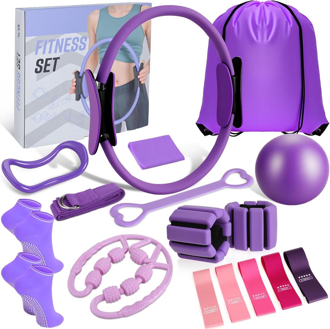 LiKiLiKi Pilates Ring and Ball Set, Home Pilates Equipment for Women with Resistance Bands, 12'' Magic Circle, 9.8'' Ball, for Strength, Toning and Flexibility, Fitness Essentials Starter Accessories (Purple)