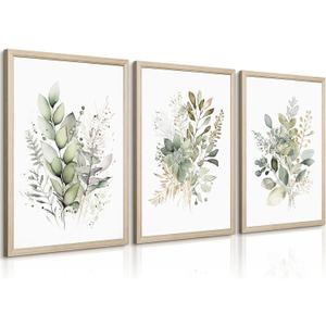 Watercolor Botanical Wall Art Set of 3 Boho Floral Canvas Wall Decor Prints Sage Green Wildflower Wall Art Modern Flower Pictures Botanical Painting for Bedroom Bathroom 12x16 Inch Wood Framed