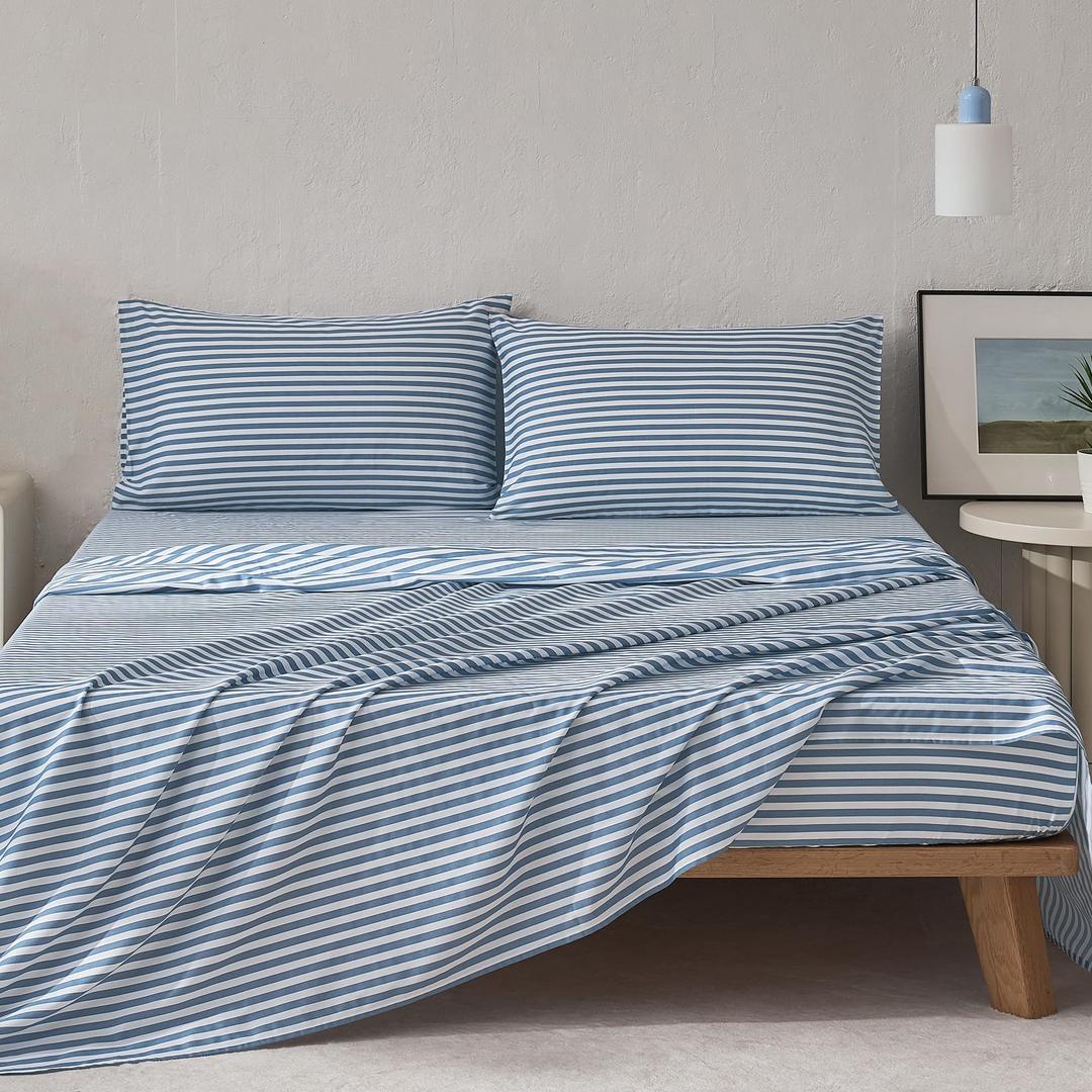 JELLYMONI 100% Cotton Bed Sheets Set – Yellow and White Stripes, Full Size, Soft Bedding with Deep Pocket Fitted Sheet, Flat Sheet & Pillowcases