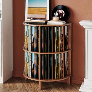 GiftGo 3-Tier Vinyl Record Storage Half Round Mid Century Vintage Player Table with Spacious Storage Turntable Stand Perfect for Living Room Bedroom (Walnut, L-27.5)