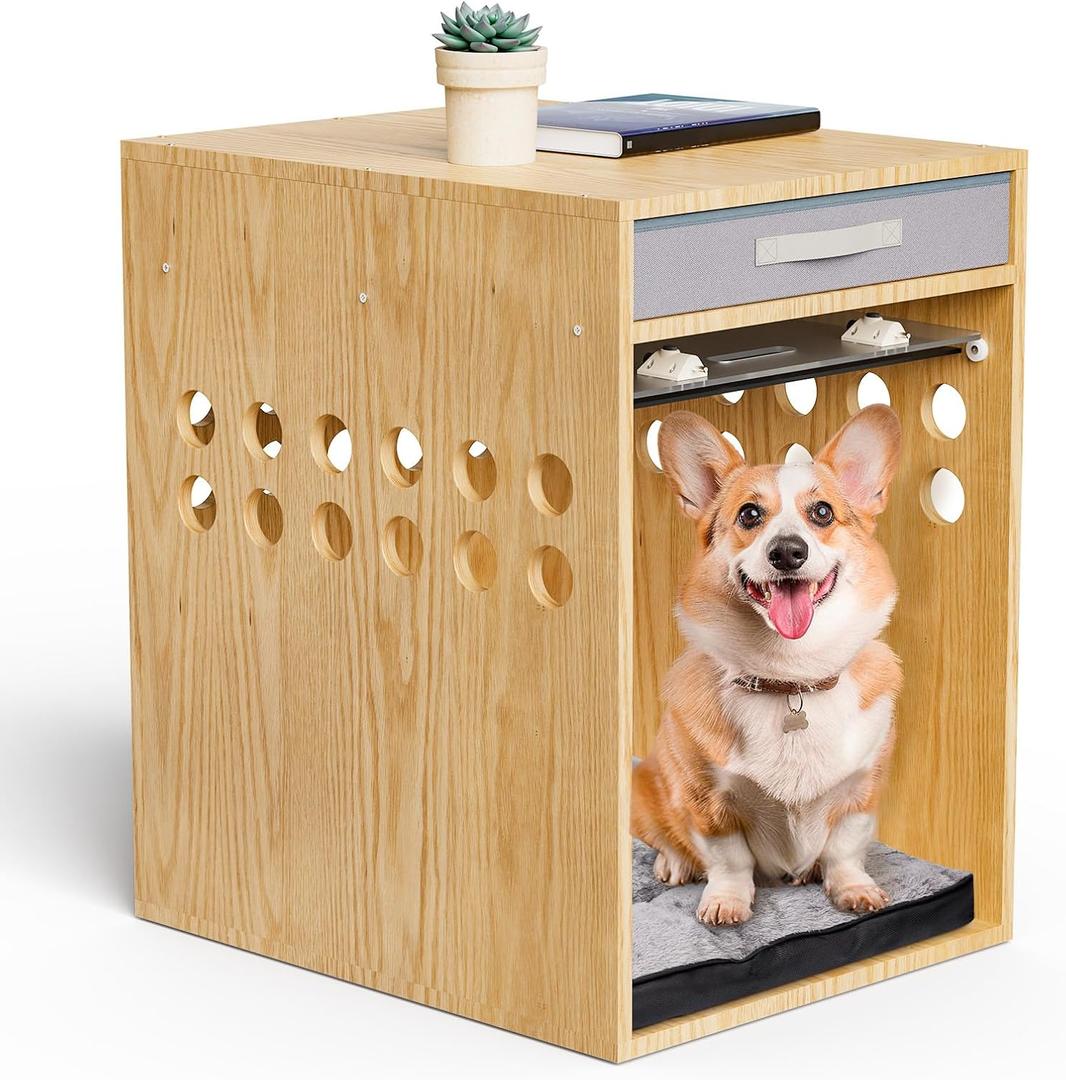 Dog Crate Furniture with Drawer, SAUCE ZHAN Dog Kennel with Cushion for Small/Medium Dogs, End Side Table Wooden Crate for Pets Indoor, Wood Color