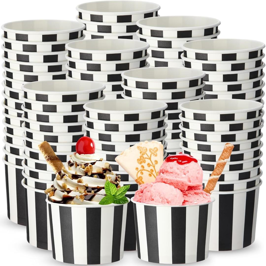 Honeydak 200 Pack Black and White Stripes Ice Cream Cups Bulk 5 oz Small Disposable Treat Paper Cups Dessert Yogurt Bowls Snacks Sundae Yogurt Container for Summer Wedding Birthday Party Supplies