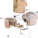 SONGMICS Clothes Drying Rack, Foldable 2-Level Laundry Drying Rack, Free-Standing Airer, 1 Additional Tall Hanging Bar, 2 Height-Adjustable Wings, 24 Drying Rails, Space Savng, Simply White ULLR521W01